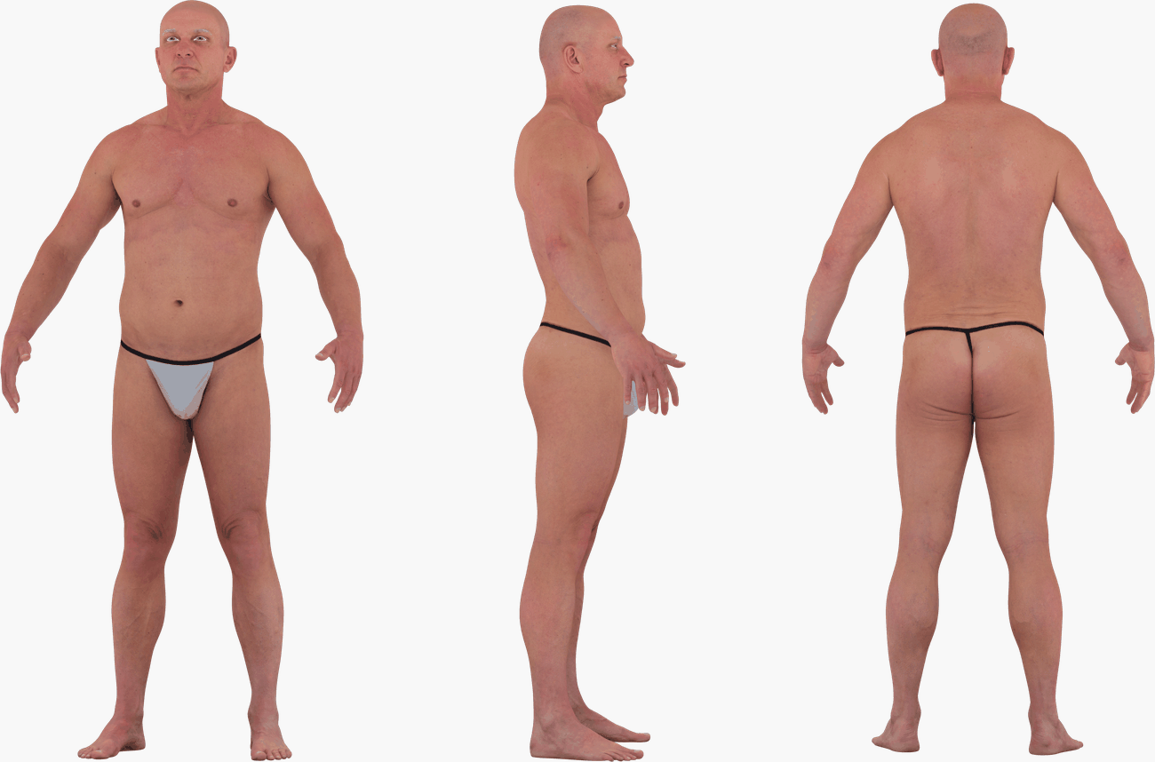 PBR texture map set for a male 3D body scan including Albedo, Normals, Specular, Metalness and Diffuse at 16K resolution